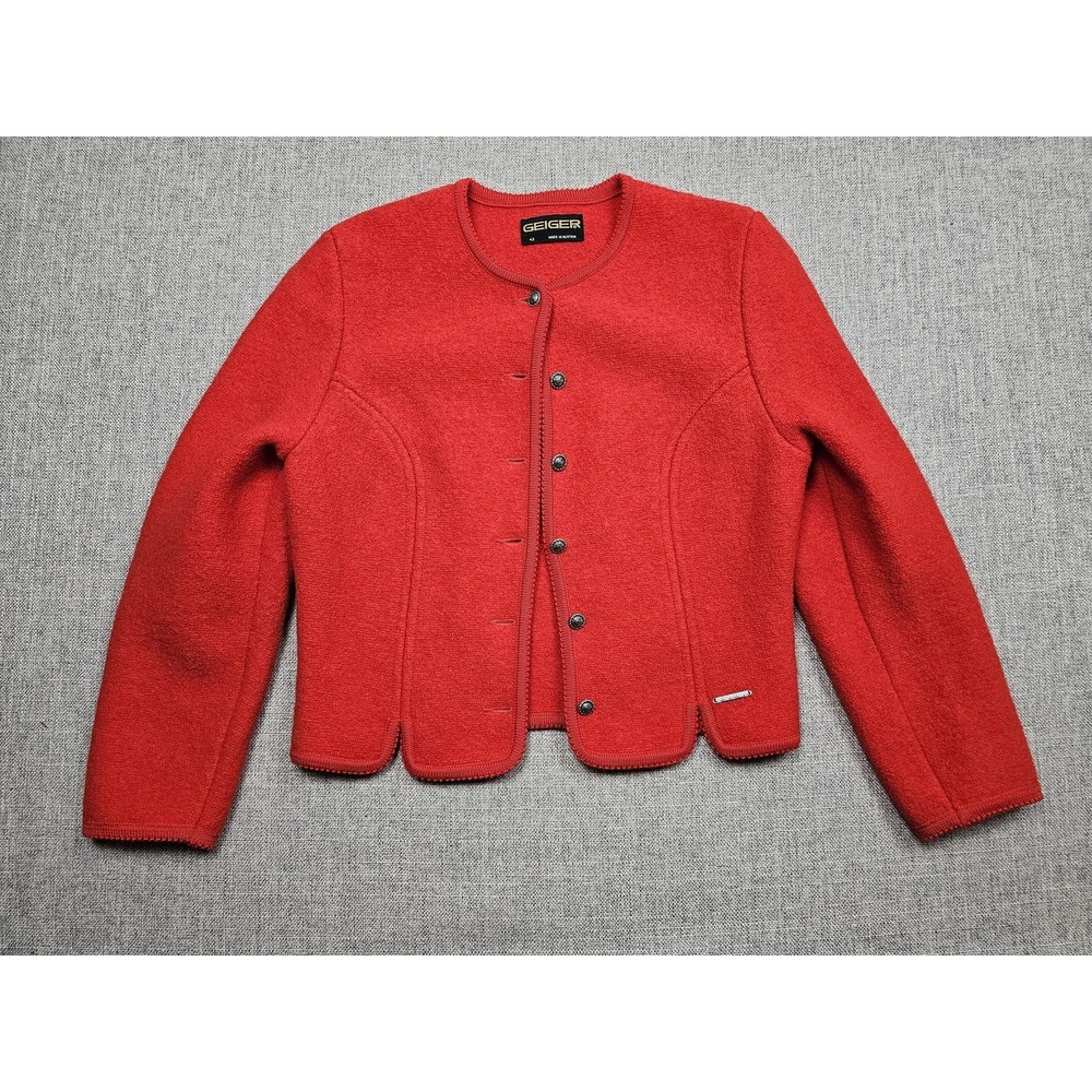 Geiger Cardigan Sweater Womens 42 Red Wool Button Front Jacket Austria